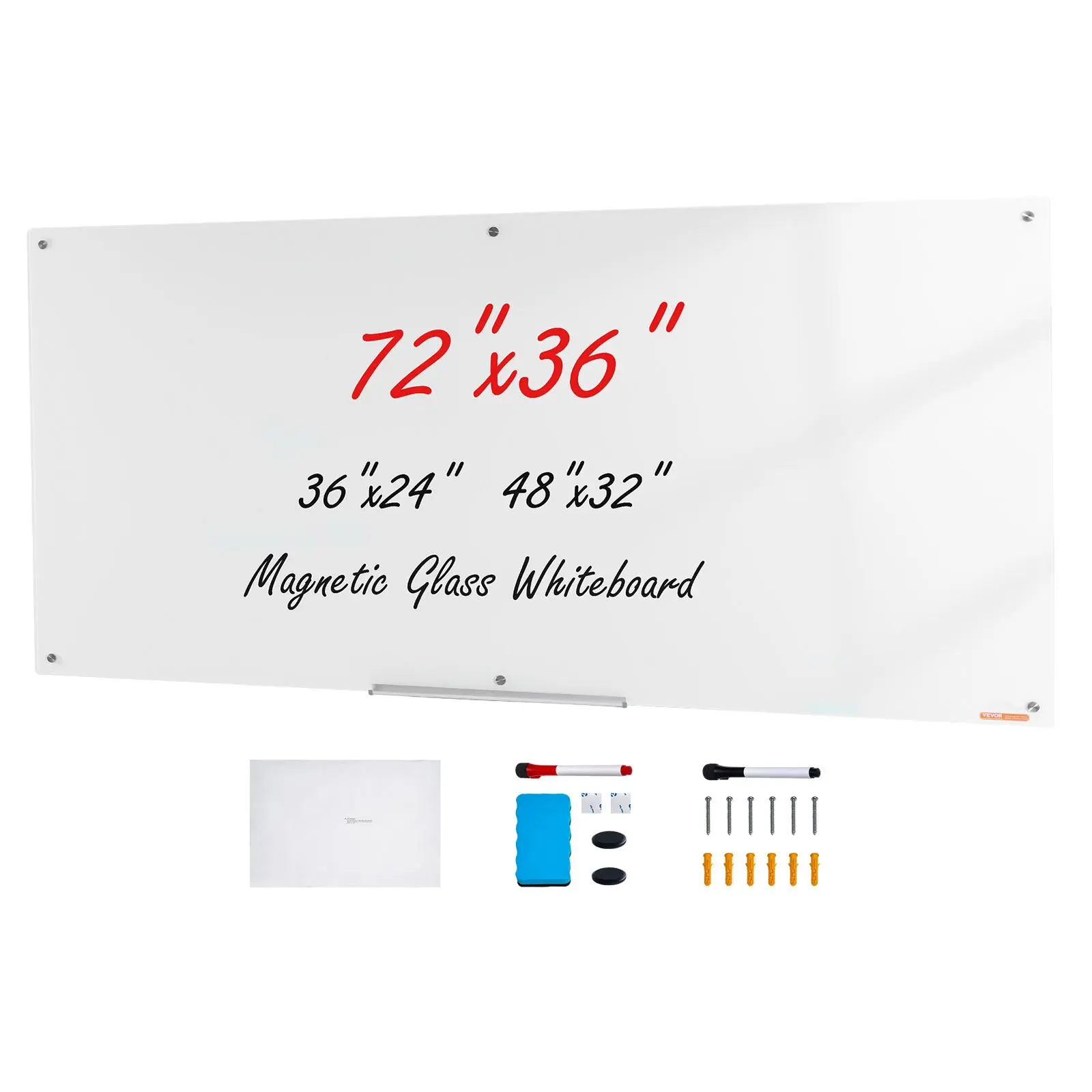 【Backtoschool】VEVOR Magnetic Glass Whiteboard, Dry Erase Board 72"x36", Wall-Mounted Large White Glassboard Frameless, with Marker Tray, an Eraser and 2 Markers, White