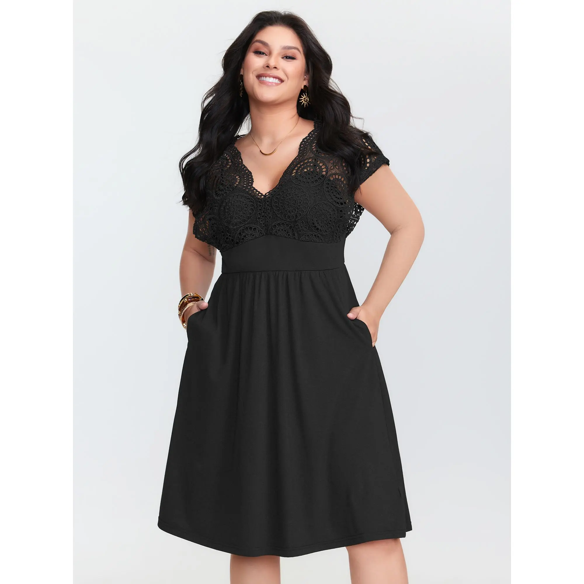 【Easter's Haul】Bloomchic Sheer Lace Sleeve Flowy Midi Dress2026 Spring Break Gift For Easter's Day Mother's Day 2026 Spring Break Gift For Easter's Day Mother's Day