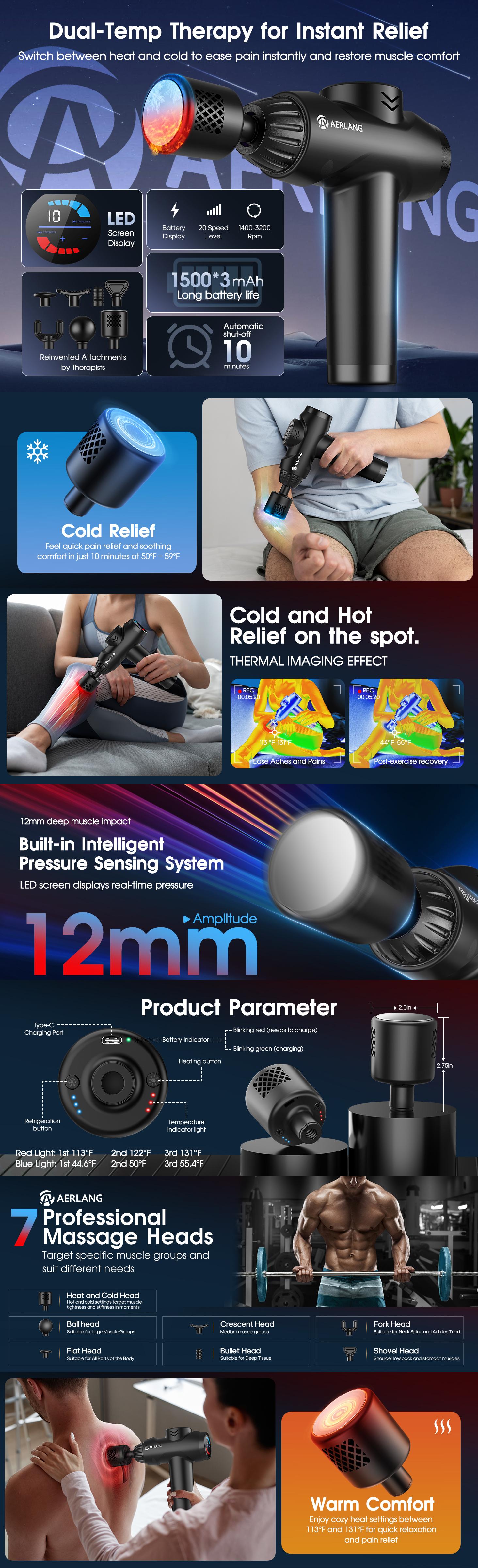 AERLANG Massage Gun with Heat and Cold,Deep Tissue Massage Gun, Back and Neck Massager for Pain Relief,Muscle Percussion Massager,Handheld Messager with 7Heads&Silent Birthday Gifts for him