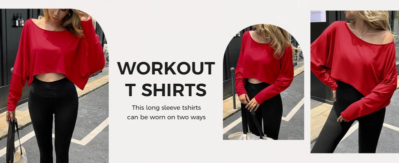 Fisoew Womens Off Shoulder Cropped Tops Batwing Long Sleeve Loose Fit Summer Boat Neck Workout T Shirts