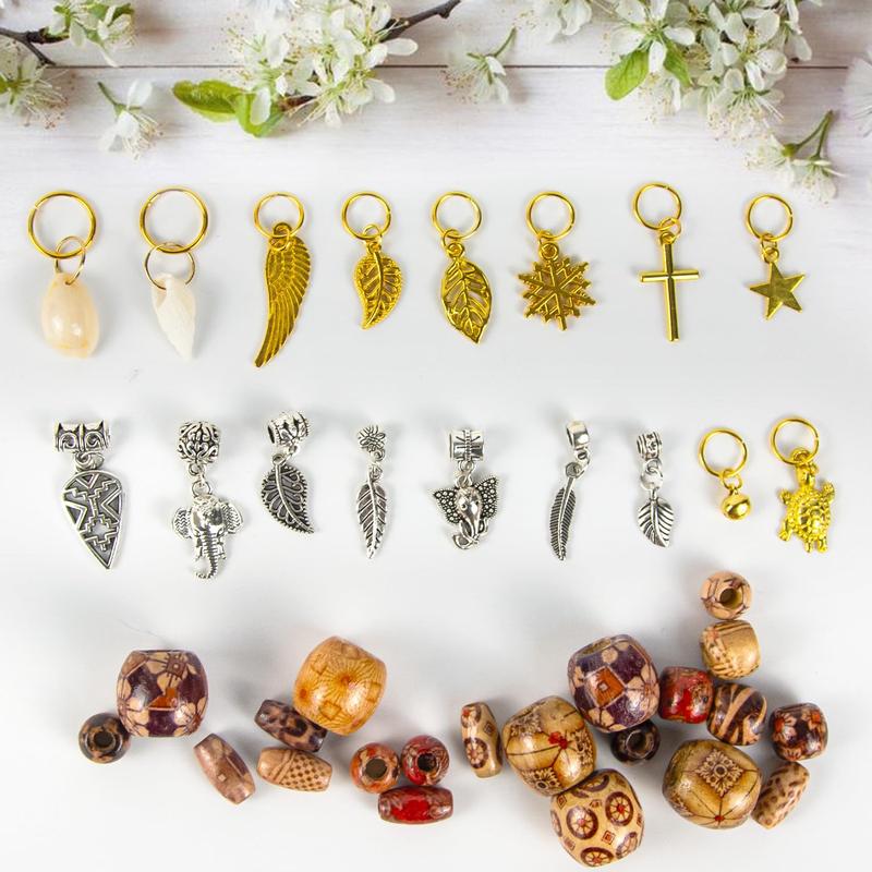 241 PCS Hair Jewelry for Braids, Locs Metal Gold and Silver Clips Shells Imitation Wood Beads, Adjustable Cuffs Braiding Hair Rings Decoration, Dreadlock Beads for Girls Decorative