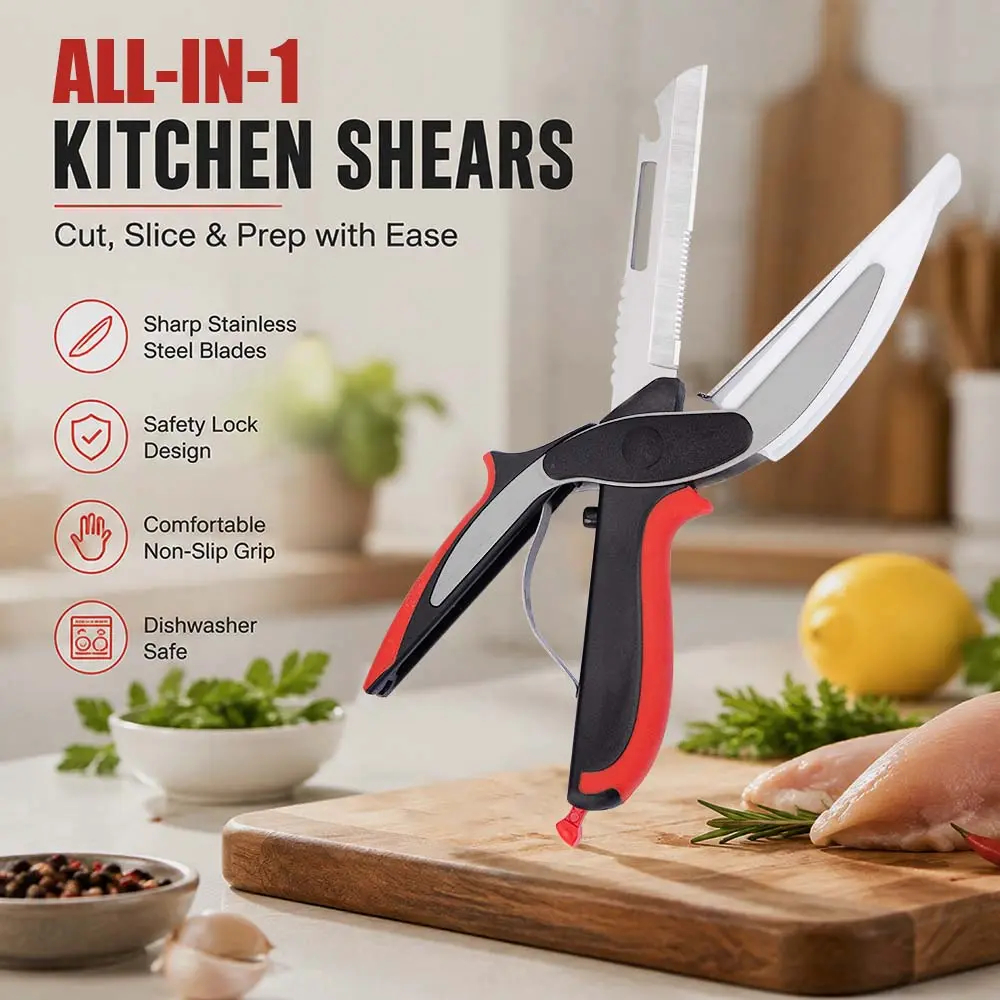 Gen 2 Model Sturdy All-in-1 Kitchen Shears with Cutting Board - Stainless Steel Food Shears with Safety Lock, Multipurpose Camp Kitchen Prep Tool for Meat/Fruit Cut, Back to School