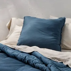 Euro Heavyweight Linen Blend Lumbar Decorative Throw Pillow Dark Mineral Blue - Casaluna