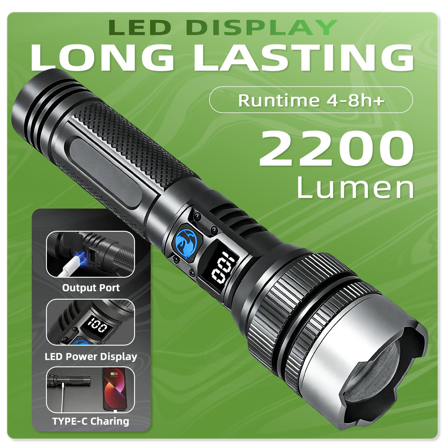 2-in-1 Strong Flashlight (Power Bank), Digital display ofpower, Rechargeable, Zoomable,, X4Waterproof,Adjustable Brightness Flash Light for Outdoor, Emergency,Camping Accessories, Black BackToSchool outdoorfun