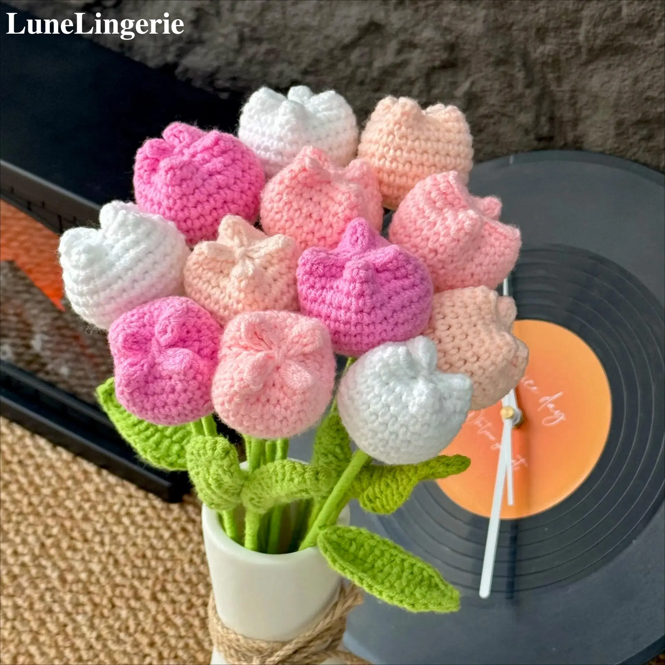 12-Pcs Handmade Crochet Tulip Flower Set, Vase-Free Artificial Bouquet, Long-Lasting Fake Flowers for Home Decor Centerpiece, Mother's Day Gift, Artificial Flower Decoration