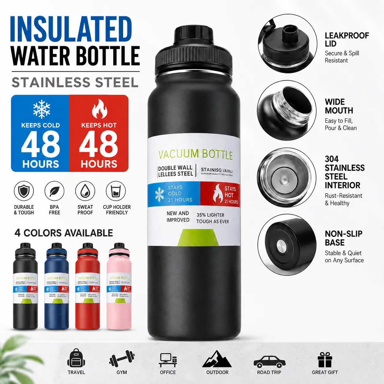 800ml Portable Stainless Steel Vacuum Insulated Flask - Leak-Resistant Thermal Water Bottle, Leak-Resistant Eases Travel for Car, Gym (Kitchenware Drinkware Vacuum Flasks), Bottle Vacuum Flasks
