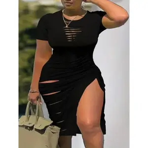 Plus Size Sexy Dress, Women's Plus Cut Out Short Sleeve Round Neck Side Split Ruched Dress Casual Polyester