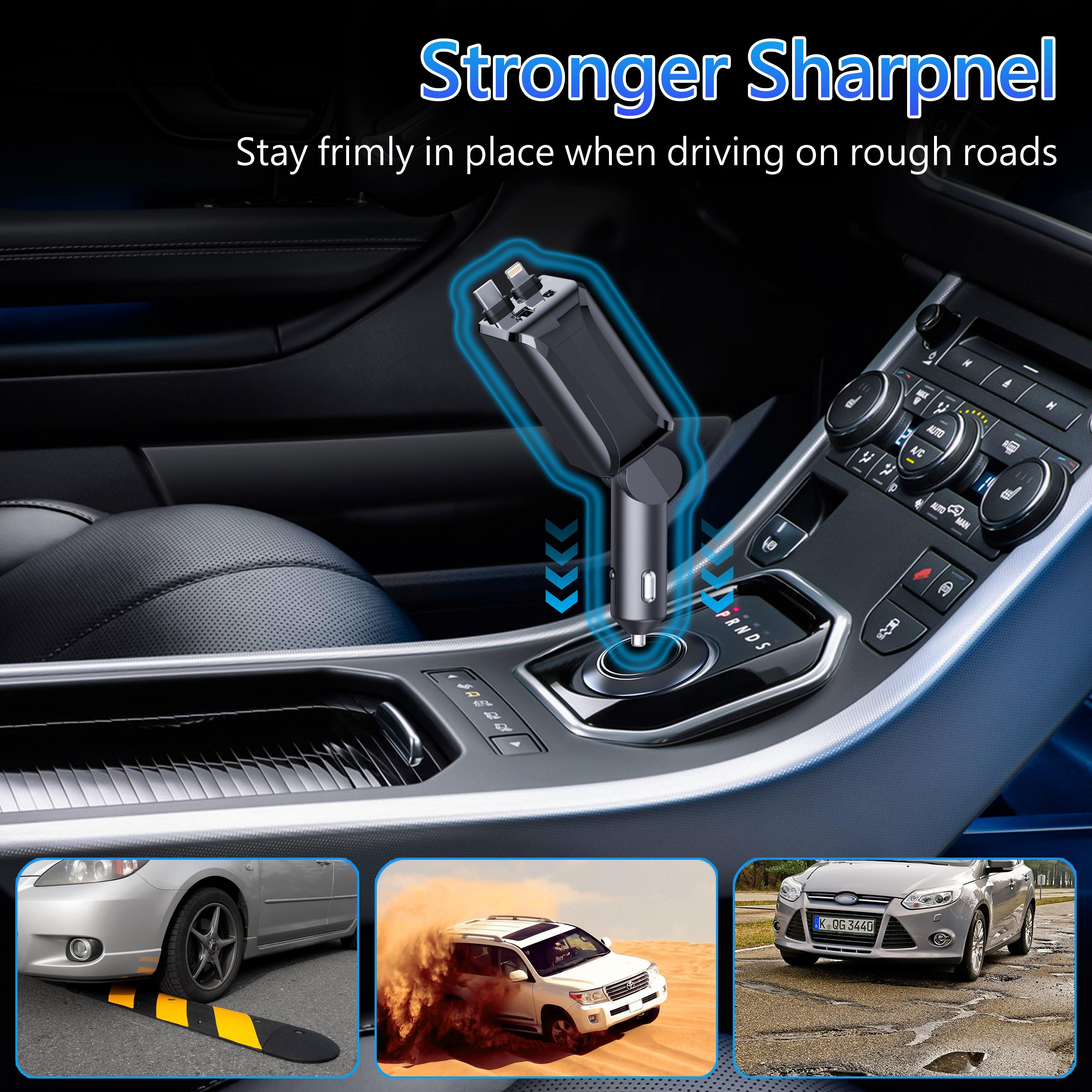 60W Retractable Car Charger | 4-in-1 USB-C Fast Adapter with Lightning Cable & Dual Ports for All Your Devices