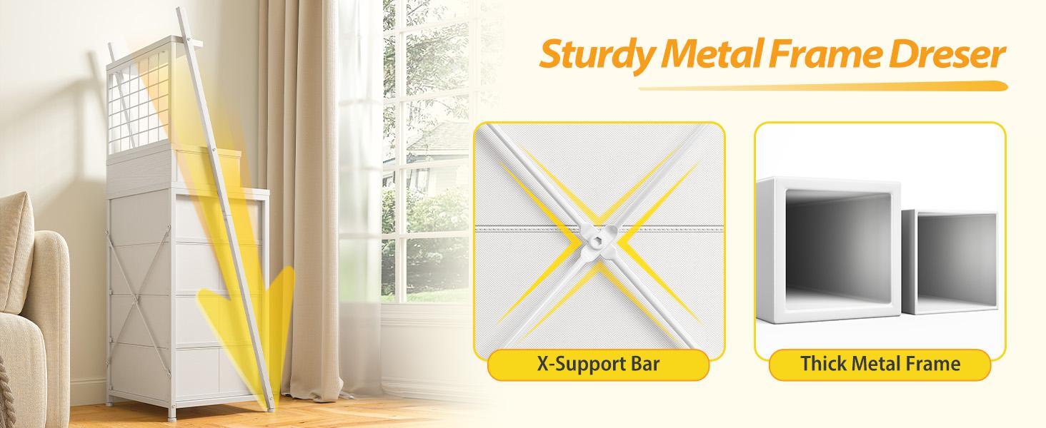 RaybeeFurniture Tall Dresser with LED Lights, 6/7Drawer Nightstand with Open Wood Shelf & Fabric Bins, 51.2" H Bedroom Chest of Drawers with Metal Frame, Bedside Storage Cabinet [Falldealsforyou]