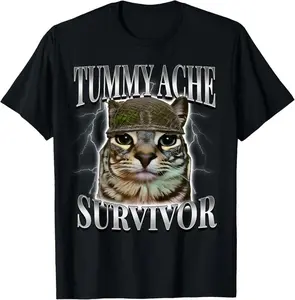 Cotton Gift Tee Tummy Ache Survivor Cat Meme Funny Saying Cats Animals T-Shirt casual cotton streetwear Fabric Menswear for all