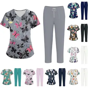 Women's printed dress with functional pocket vest and pants, suitable for women's clothing of medical professionals