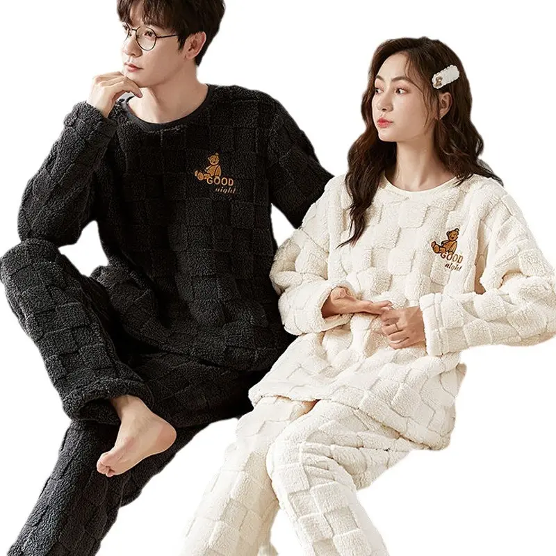 Men's & Women's Cute 2-Piece Long-Sleeve Couples Pajamas & Loungewear Set - Men's Elastic-Fit Thick Winter Flannel Home Wear, Women's Korean-Style Round Neck Coral Fleece Warm Home Clothes, Breathable, Comfortable, Casual, Dryer Friendly, Full Size