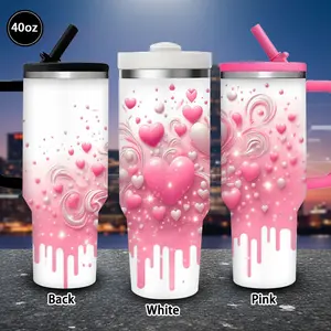 1pc 40oz Whimsical Heart Design, Romantic Pink Artwork Tumbler with Lid and straw, Winter Insulated Travel Mug, Gift for Women Men, Ideal for Valentine's Day, Birthday Gift, Coffee Cup for Office