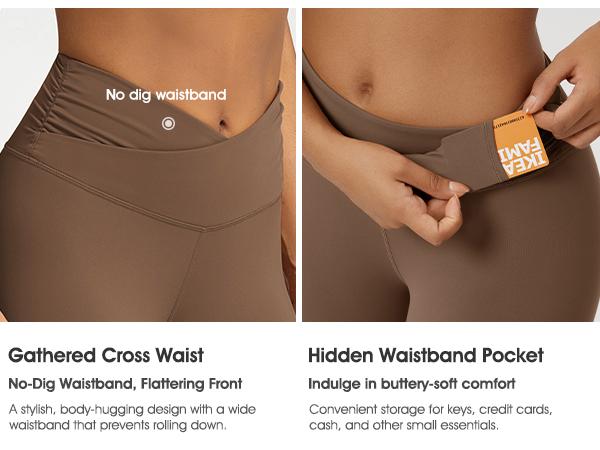 ODODOS Women's Cross Waist 7/8 Yoga Leggings with Inner Pocket, 25"/28" Gathered Crossover Workout Yoga Pants