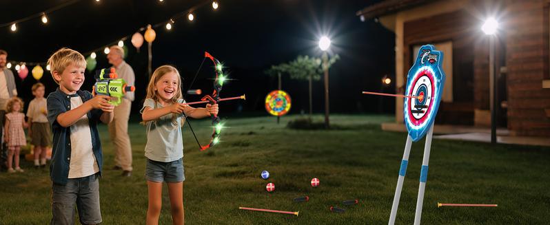 VATOS 2 Pack Bow and Arrow Toy with LED Light - 4 in 1 Archery & Dart Game Set with 20 Suction Cup Arrows, Shark Glow Target & Dart Board - Indoor/Outdoor Birthday Gift for Kids Boys Girls Ages 5-12