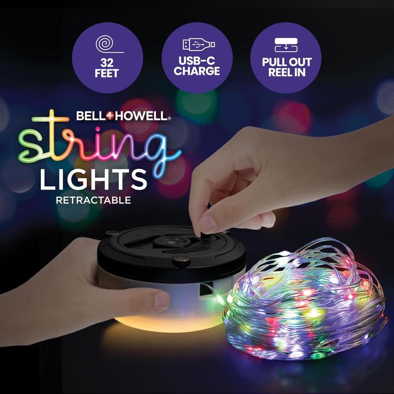 32' Holiday String Lights - Retractable USB-C Rechargeable , 80 LED Color-Changing, Magnetic Base, Flashlight, Built-in Hook, IP65 Water-Resistant for Camping, Indoor & Outdoor Use