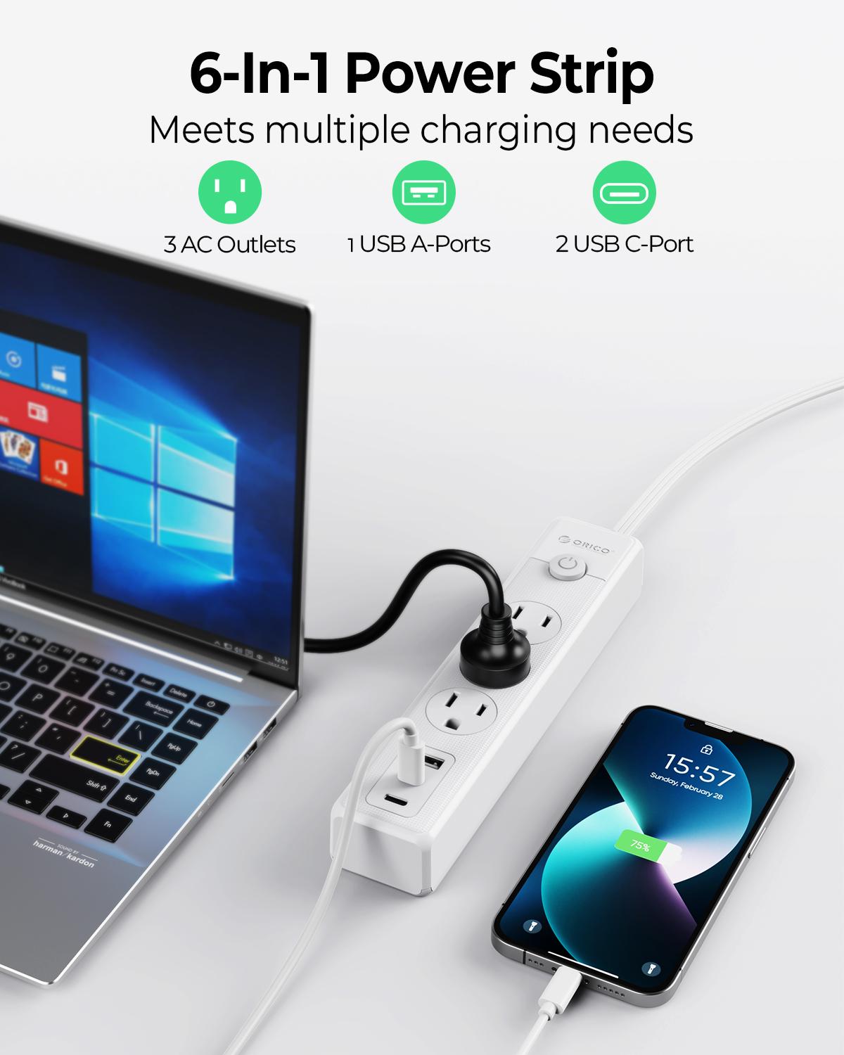 ORICO PW-3A1U2C 25FT Flat Extension Cord, 6-in-1 Power Strip with 3 AC Outlets, 1 USB-A & 2 USB-C Ports, Multiple Protection, Compact for Home & Office-PW