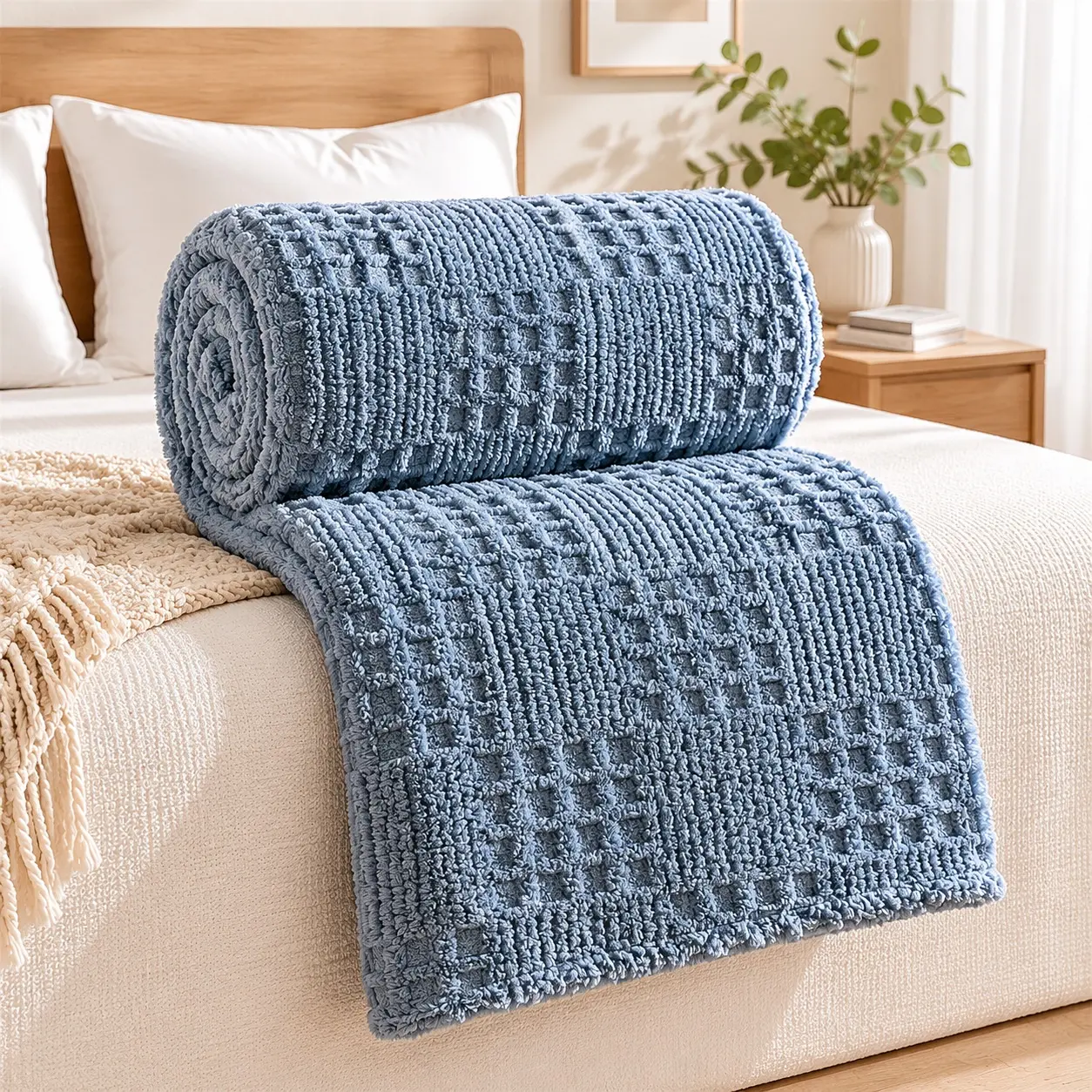 Ultra-Soft Waffle Knit Throw Blanket, Multi-Use Cozy Nap Blanket, Plush Fleece for Bed Sofa Travel, Lightweight Comfort Cotton Blanket