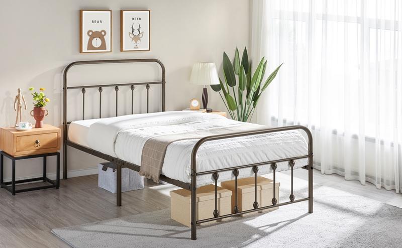 【Heavy Duty】Yaheetech Metal Bed Frame with High Headboard and Footboard, Twin/Full/Queen/King Sizes, Vintage Industrial Style, Under Bed Storage