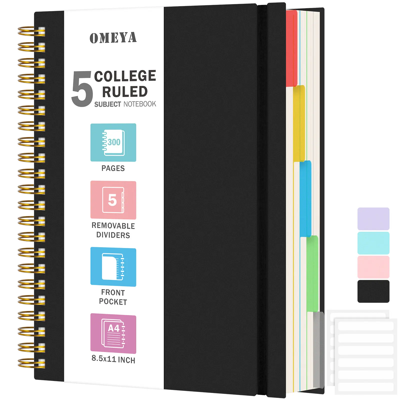 OMEYA 5 Subject Spiral Notebook, College Ruled Stationery Journaling Notebook, A4/A5 Size, 300 Pages 100GSM Thick Paper with Removable Dividers & Clear Inner Pocket for School Office,back to school,back to school haul