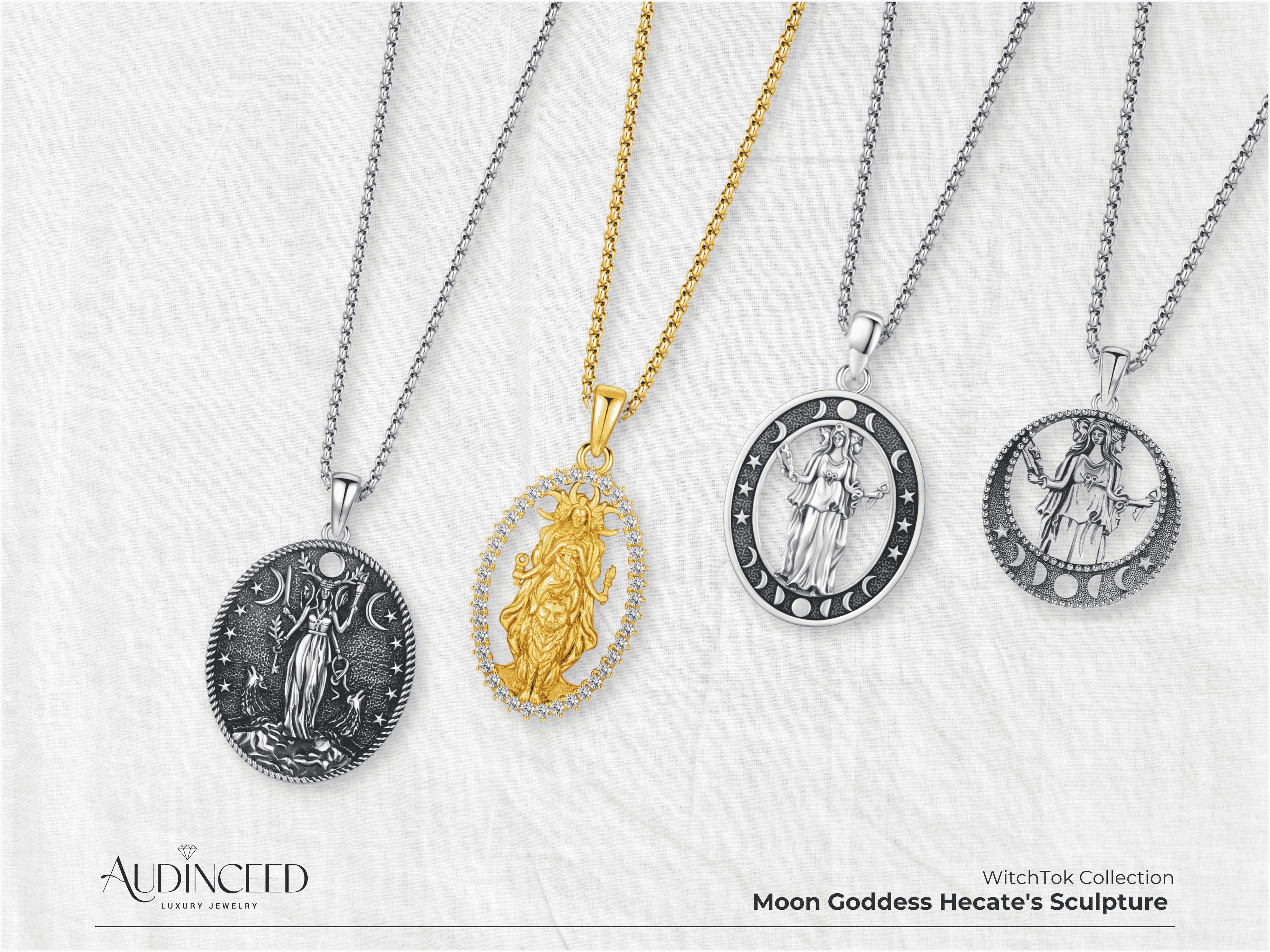 Audinceed Hecate S925 Sterling Silver Necklace, Witchtok Collection Hecate Hekate Luxury Triple Moon Goddess Pagan Wiccan Magic Silver Necklace Pendant Blessed Amulet Jewelry Gift for Women Men