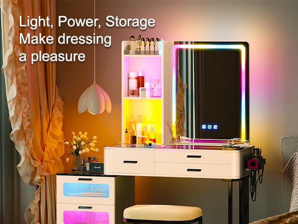 Miu Vanity Set with 24-Color RGB Lights, Wireless Charging,  6-Drawer Chest & Large Storage Furniture Organizing  Square  Mirror