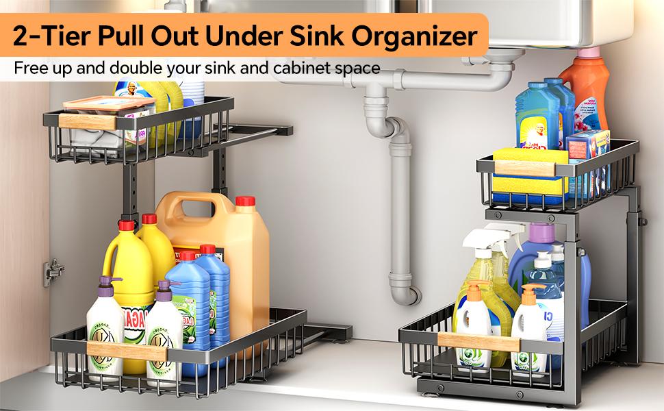 Under Sink Organizer, Height Adjustable Under Sink Organizers and Storage, 2 Tier Pull Out Drawer Cabinet Organizer for Kitchen Bathroom