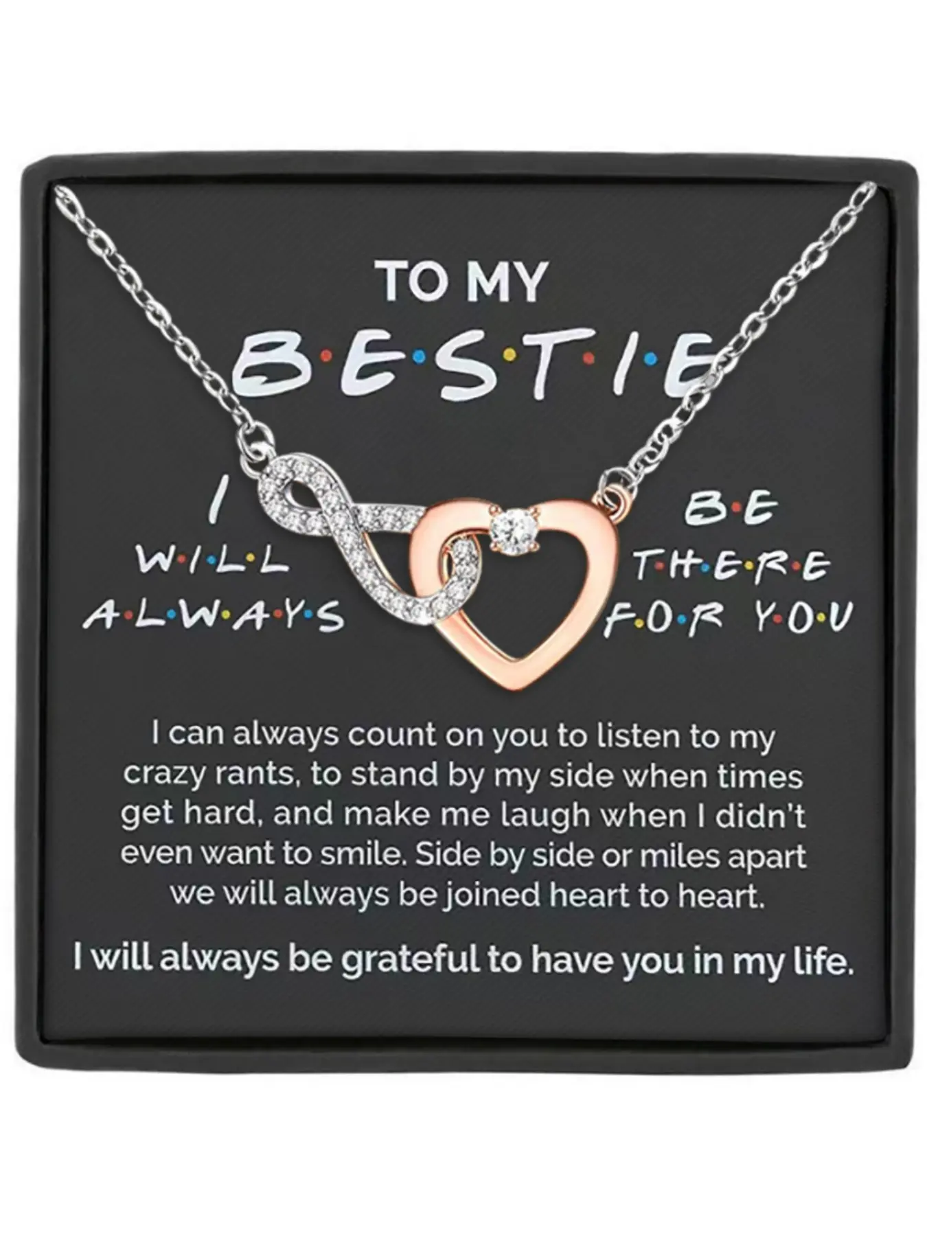 To My Bestie Infinity Chain Heart Pendant Friendship Necklace with Blessing Card, Perfect Gift for Best Friends, Love Heart Necklace Wearable Jewelry