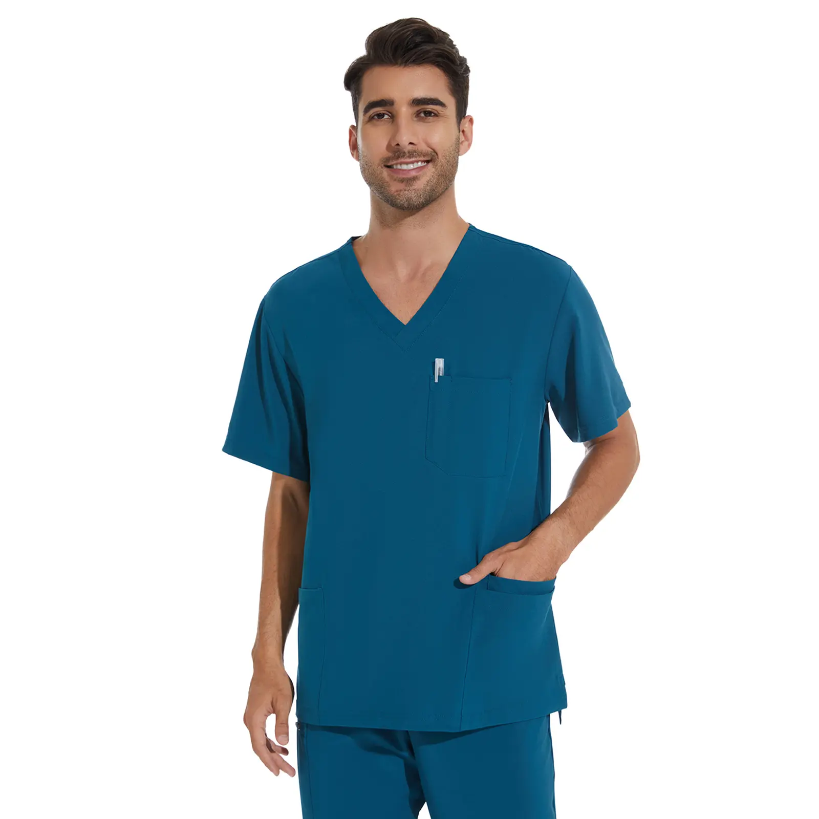 COZYSCRUBS Men's Stretch V-Neck Scrub Top - Caribbean Blue, 3 Pockets, Anti-Wrinkle Workwear Shirt, Casual Shirts for Summer Vibes Uniforms