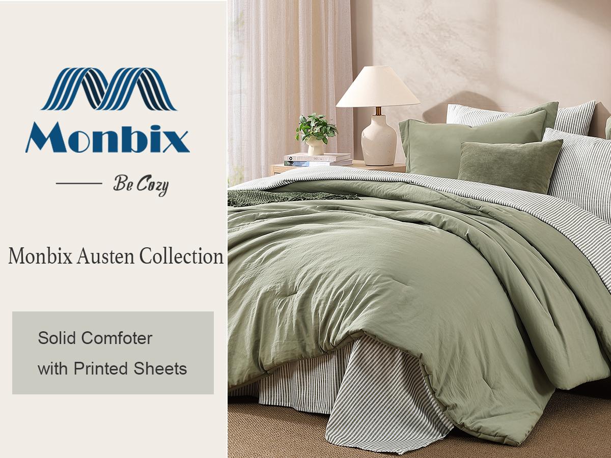 Monbix 7-Pieces Comforter Set, Modern Farmhouse Coastal Style Bedding, 1 Single-Stitch Comforter, 2 Pillowcases, 2 Shams, 1 Flat & 1 Fitted Sheet