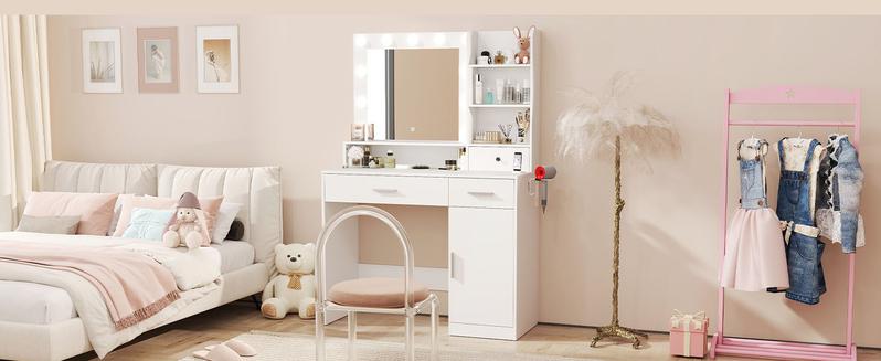 Vanity Desk with Adjustable Lighten Mirror & Power Outlet, Makeup Desk for Bedroom with a Storage Stool and 3 Drawers, 6 Storage Shelves, White Dresser for Girls