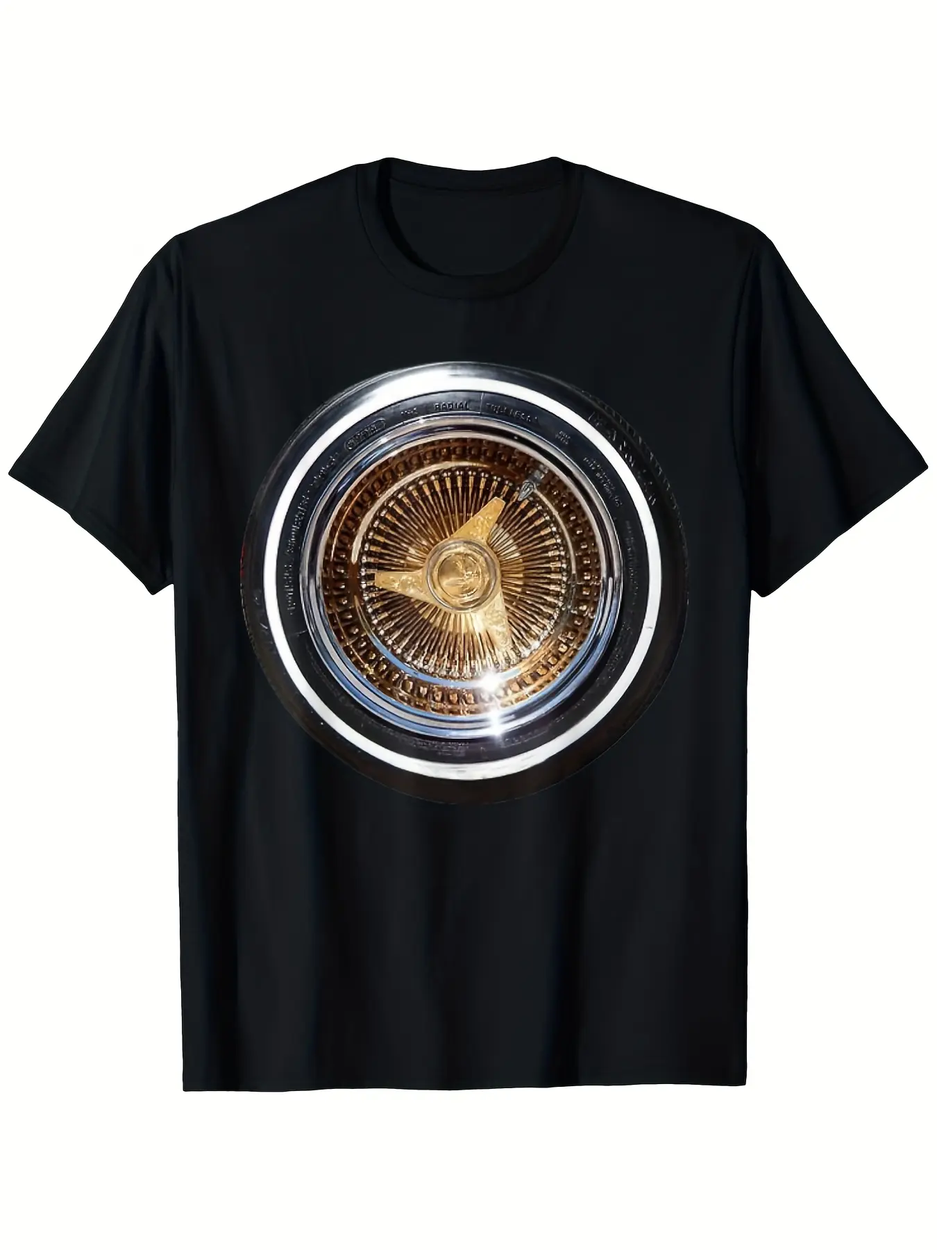 Men's & Women's Lowrider Wheel T-Shirt -  Cotton 180gsm Retro 80s/90s Vintage Car Hubcap & Golden Rim Print, S-XXXL Sizes, Casual Streetwear Black Tee for Car Enthusiasts, Family Matching Outfits