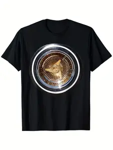 Men's & Women's Lowrider Wheel T-Shirt - 100% Cotton 180gsm Retro 80s/90s Vintage Car Hubcap & Golden Rim Print, S-XXXL Sizes, Casual Streetwear Black Tee for Car Enthusiasts, Family Matching Outfits
