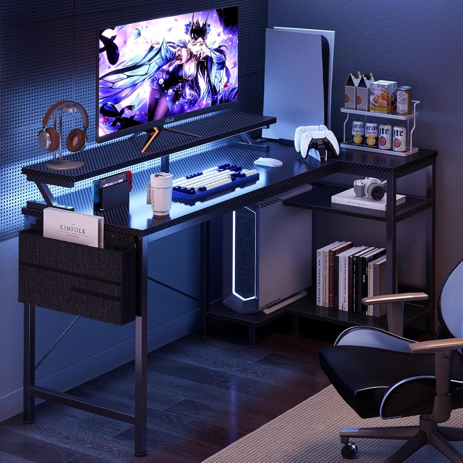 48" Reversible L-Shaped Gaming Desk with LED Lights, USB/Type-C Charging & Power Outlets, Computer Corner Desk with Storage Shelves & Monitor Stand for Gaming Room & Home Office