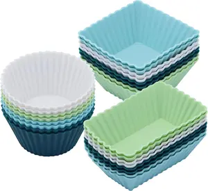 24Pack Silicone Muffin Cups, Reusable Cupcake Liners Molds for Baking, 3 Shapes Lunch Box Bento Dividers-Round, Square, and Rectangular (Neutral Colors, Regular Size) SAWNZC