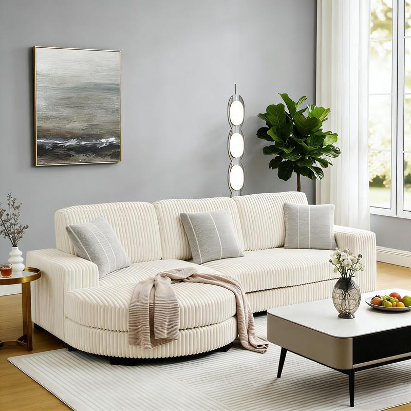 【Sub 3 packages】Niccae Modern Floor Sofa with 2 Pillows, Convertible Teddy Fabric Foam Filled Sleeper Sofa, Corduroy Tufted Upholstered Lounger, L-Shaped Modular Sectional with Ottoman, Left & Right Placement, Home Office Living Room Bedroom Apartment