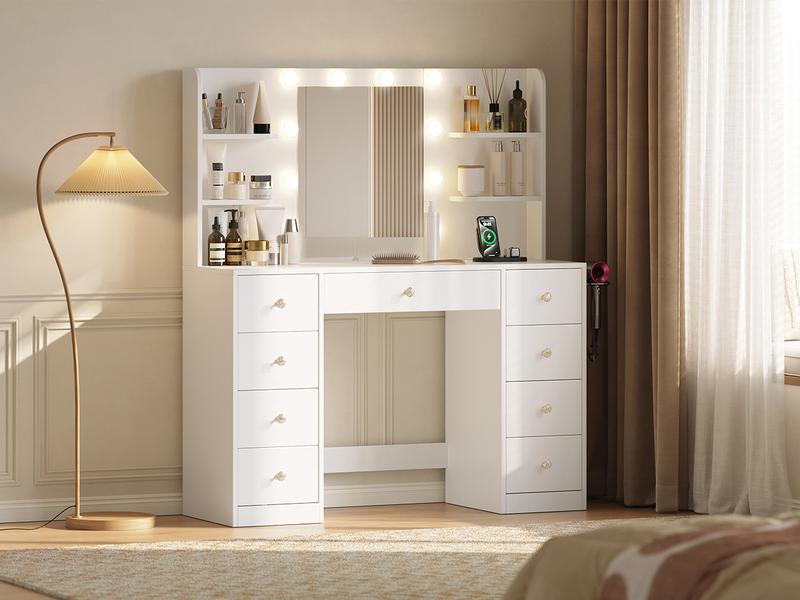 [New Year Deals] Vanity Desk with Mirror Lights 9 Drawers 6 Storage Shelves Dressing Table Power Outlet 3 Color Modes 10 LED Bulbs for Girls Bedroom,Gift for Daughter, Wife & Mom – Girls Bedroom Essential