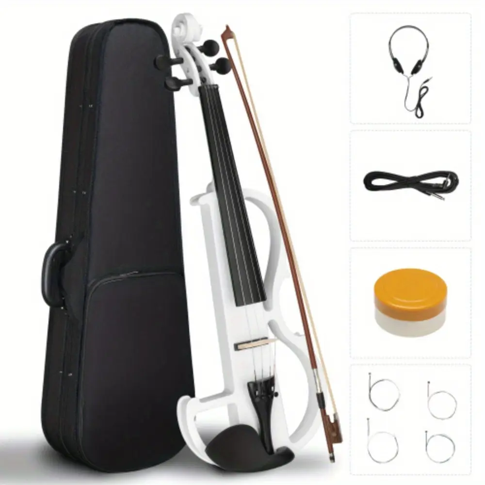4/4 Full Size Bunnel Edge Electric Silent Violin Kit for Adults - Basswood Body, Silent Pick-up, Piano Lacquer Finish, Includes Case, Bow, Headphones, Connecting Cable, Black, 18 Years+