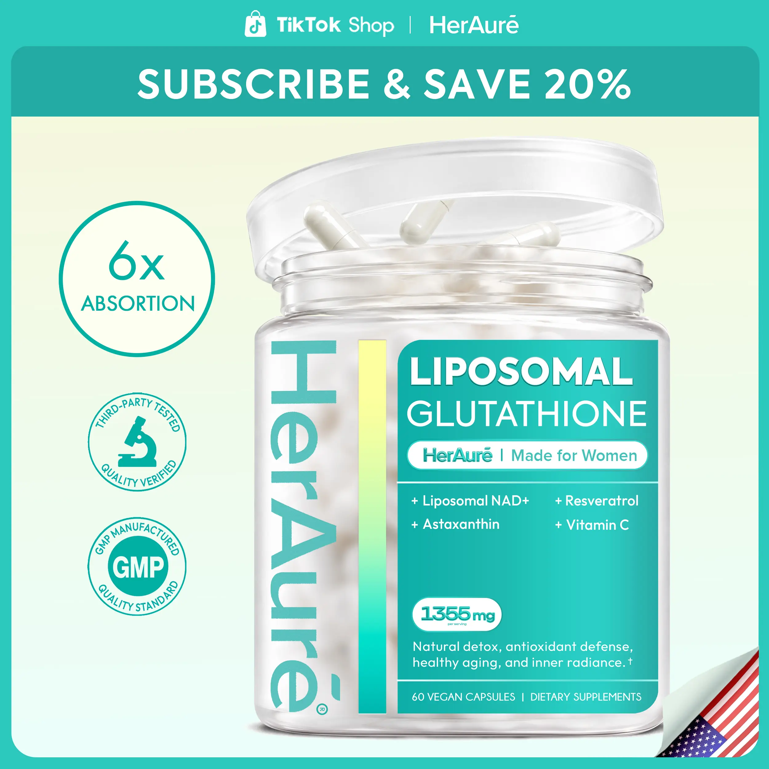 HerAuré Liposomal Glutathione 1355mg - Glutathione Supplement with Resveratrol, NAD+, Vitamin C & Astaxanthin - Ultra-High Absorption for Healthy Skin, Oxidative Stress Defense, Immune Support, Daily Energy & Liver Detox Support #backtoschool