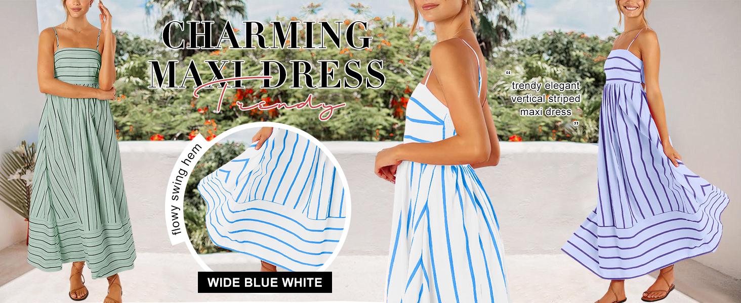 Ebossy Women's Summer Striped Back Smocked Maxi Dress Sleeveless Sexy Spaghetti Strap Cut Out Flowy Swing Long Dress Casual Womenswear
