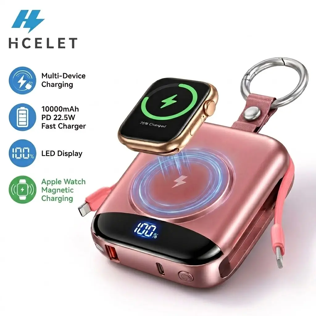 Hcelet 10000mAh Compact 3-in-1 Portable Power Bank: Built-in USB-C & Lightning Cables, Magnetic Wireless Charging for Apple Watch ONLY, 22.5W Fast Chargeable Gadgets for iPhone & Android Accessories DealsForYouDays Smartphone Device