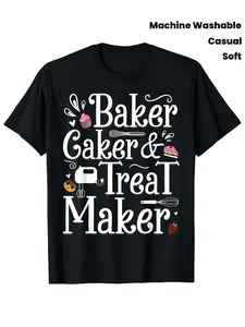 Cotton Mens Womens Vintage BakingThemed TShirt 180gsm Heavyweight Soft Round Neck Short Sleeve Tee with BAKER CAKE TREAT MAKER Print Cupcake Baking Tools Design Ideal for Bakers Cake Decorators Pastry Chefs Machine Washable Cas...