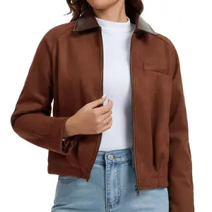 Women's Faux Suede Cropped Bomber Jacket - Long Sleeves, Solid Fit, Contrast Collar, Zip-Up, Pockets, Casual Spring Tops, Trendy S-XL Womenswear (Black, Purple, Coffee, Green) tiktokshopspringglowup,summervibes summervibes