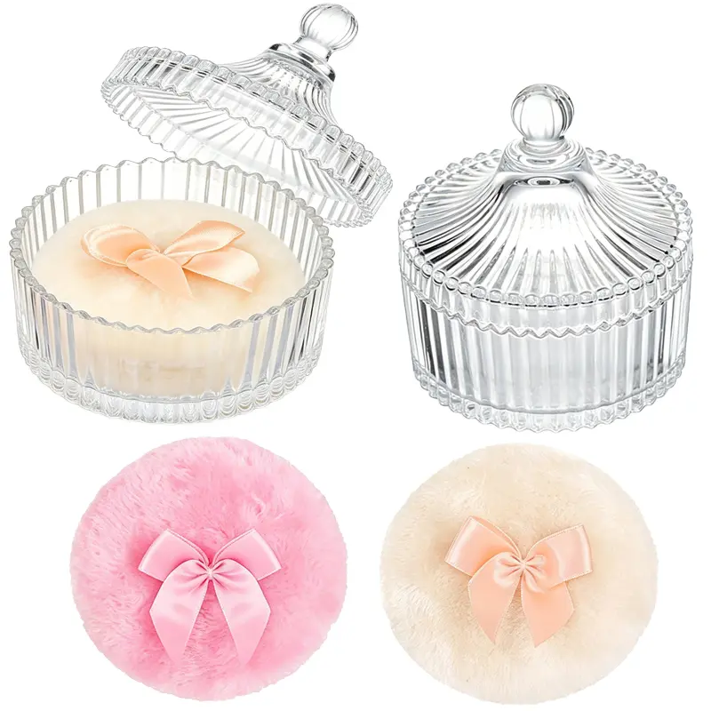 3Pcs Large Velour Body Powder Puff with Crystal Storage Container, Reusable Washable Soft Makeup Sponge Puff, Wet Dry Use Face Body Glitter Powder Applicator, Perfect Valentine's Day Gift for Makeup Lovers