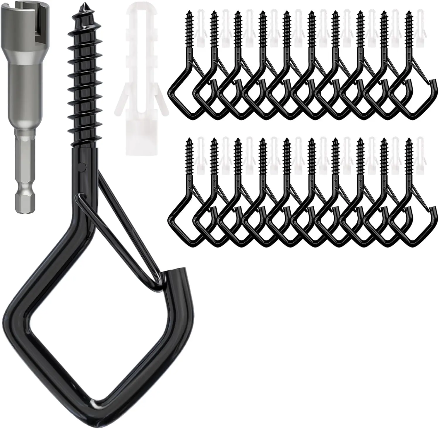 20 Pack Screw Hooks with Safety Clip, Heavy Duty Ceiling Hooks for Hanging Outdoor Lights, Plants, Wind Chimes (Black)