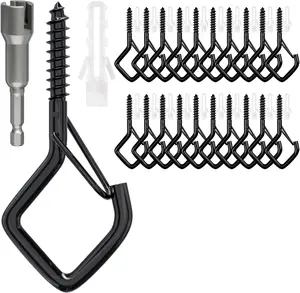 20 Pack Screw Hooks with Safety Clip, Heavy Duty Ceiling Hooks for Hanging Outdoor Lights, Plants, Wind Chimes (Black)