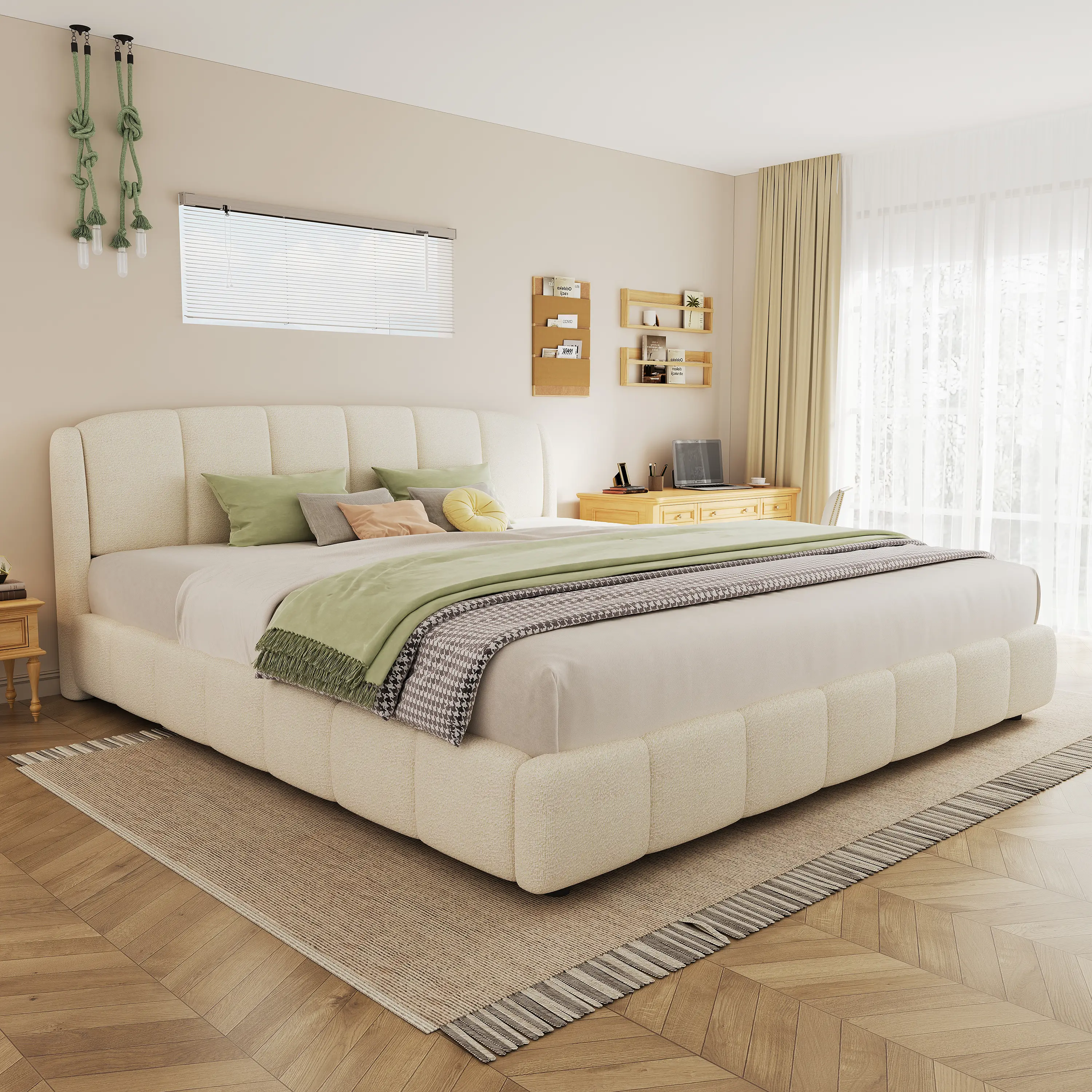 Bellemave Boneless King Size Platform Bed, Soft Boucle Fabric Upholstered Bed Frame with Curve-Shaped Headboard, Beige Indoor Furniture, Boneless Bed King Size