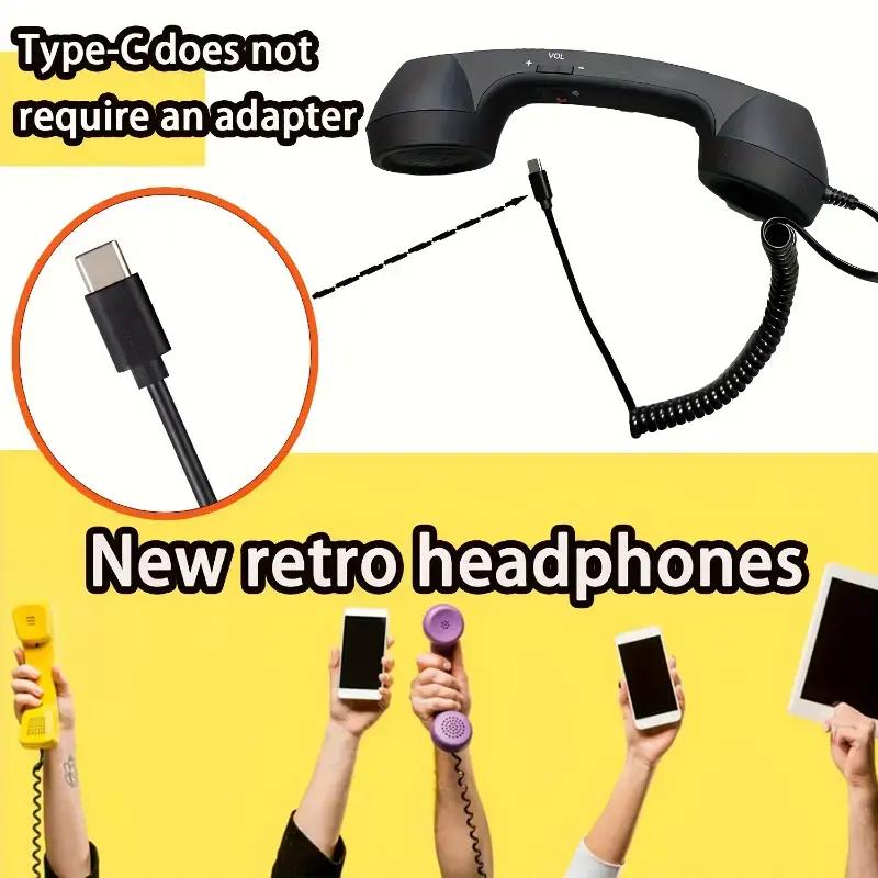 New TYPE-C Straight Plug Phone Retro Mute, C-Style No Conversion Needed, External Call Handset with Simple Ergonomic Design in Colorful Various Dreamy Colors Portable Mini audio Black Headset