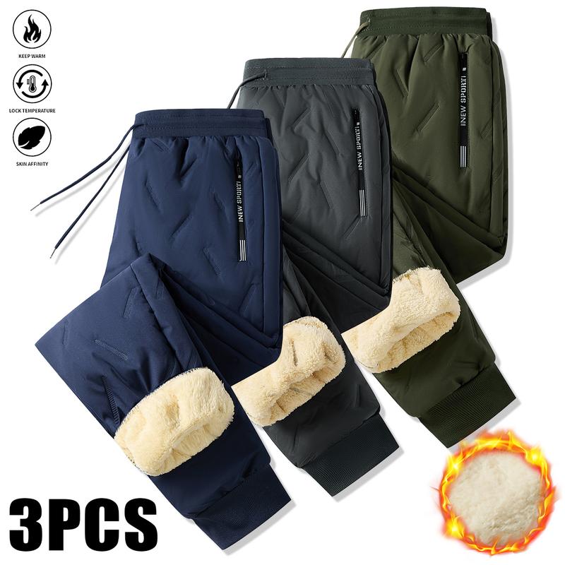 Men's 3 Pack Warm Pants Heavyweight Thermal Cotton Trousers with Drawstring Waistband, Black Cold Resistant Winter Long Pants for Daily and Formal Wear with Side Pockets Suitable for Office Work and Outdoor Activities