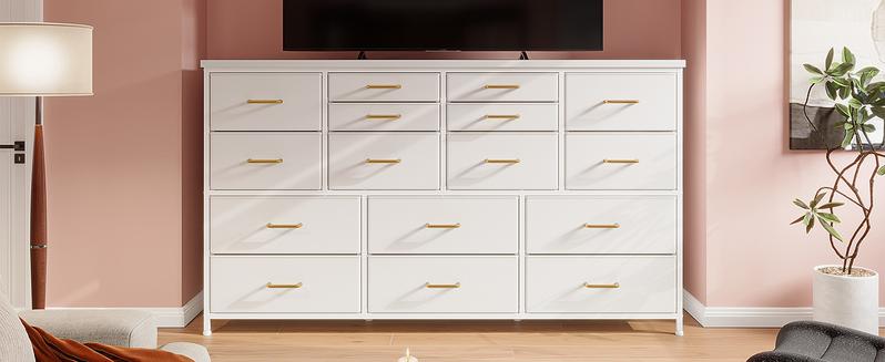 Raybee Furniture Dresser TV Stand with 13/16 Storage Drawers, 3 Power Outlets, Water-Resistant Top, Multifunctional Design for Living Room & Bedroom